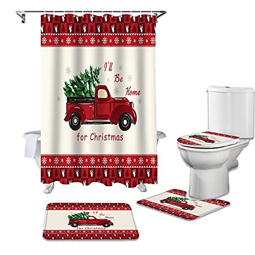 Merry Christmas Shower Curtain Set 4 Pcs-Red Xmas Tree Truck Snowflakes Reindeer Border,Bathroom Sets Waterproof Shower Curtain,Non-Slip Bathroom Rugs,Bath Mat,Toilet Lid Cover Cover & Contour Mat