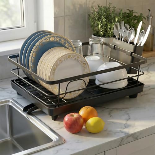 oxiraqan Metal Dish Drying Rack Black for Kitchen Counter (16.5' L x 12' W) — Not Prone to Rusting Dishwasher Drying Rack with Removable Utensil Holder & Drainboard, Send Goods from Local Warehouse