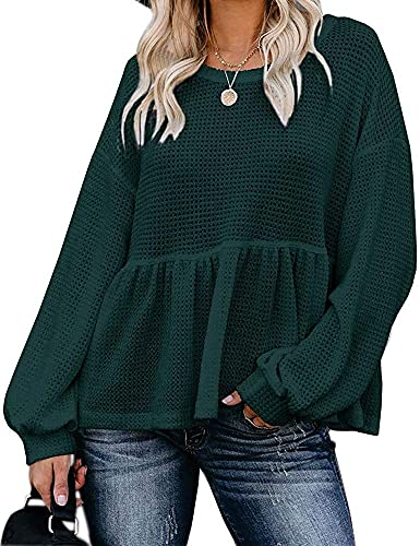 Womens Waffle Knit Shirts Long Sleeve Peplum Ruffled Layered Hem Blouse Tops (Dark Green, Large)
