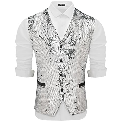 ZNZHKR Men's Sequins Vest Shiny Party Nightclub Stylish Vest Waistcoat, Silver, Large Cover