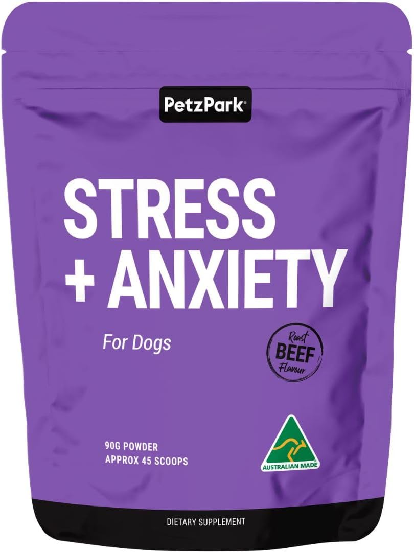 Petz Park Stress + Anxiety Dog Calming Supplement 45 Scoops, Dog Anxiety Supplement Made in Australia, Stress and Anxiety Support, Calming Food Topper for Dry or Wet Food, 90g Powder