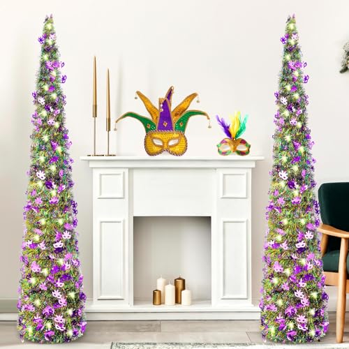 Hollowfly 2 Pcs 5 ft Pop up Mardi Gras Tree with String Lights Collapsible Tinsel Artificial Pencil Tree with Mask for Home Indoor Outdoor Carnival Holiday Party Supplies by Hollowfly - Used condition - US$34.32