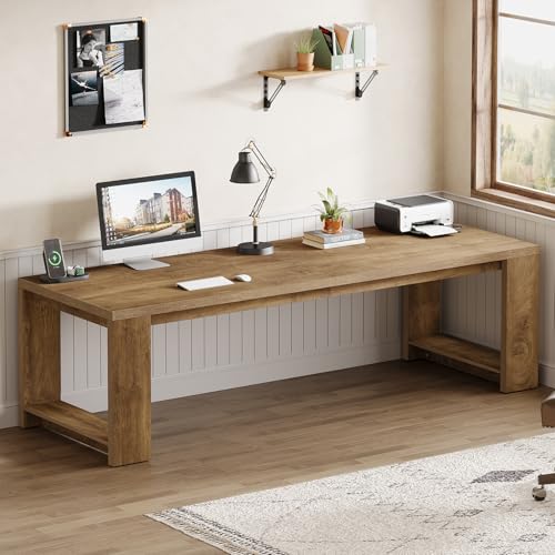 Image of Tribesigns 2 Person Desk Set of 2, 86.6 Inches Extra Long Desk, Two People Computer Writing Table, Long Wood Office Desks Workstation for Home Office, Natural Wood