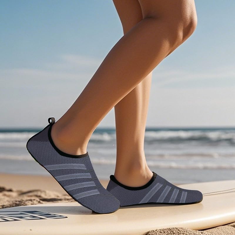 Mens Womens Water Shoes Quick Dry Barefoot Shoes Non-Slip Aqua Socks for Beach Swim Grey White Line