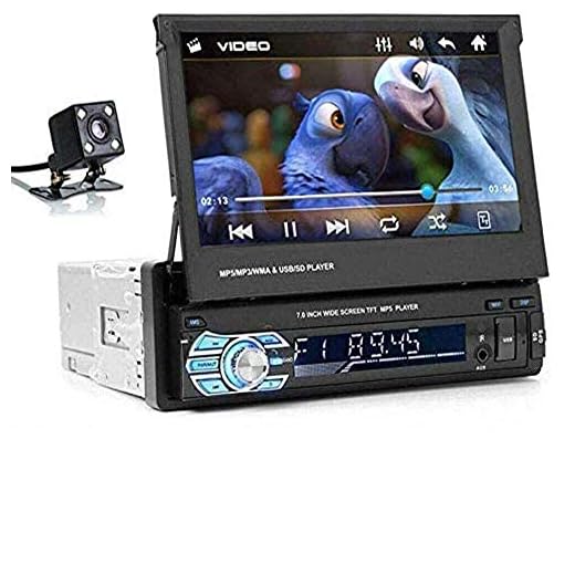 MASO enkel Din bil stereo MP5-spelare 7 tum infällbar pekskärm och bakkamera stöd 1080P USB-port Bluetooth AUX FM/AM radio