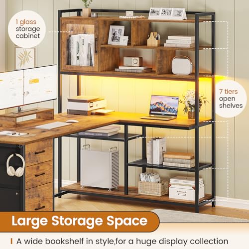 SEDETA-L-Shaped-Computer-Desk-58-Office-Desk-with-3-Drawers-and-Bookshelf-L-Shaped-Corner-Desk-with-Storage-Shelves-and-LED-Light-for-Home-Office-Gaming-Desk-L-Desk-Rustic-Brown