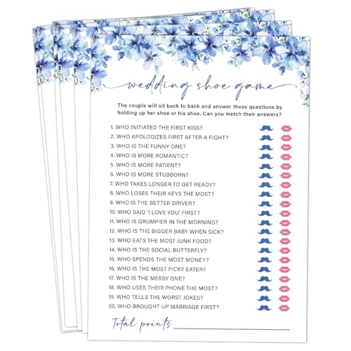 Image of Wedding Shoe Bridal Shower Games, 25 Blue Floral Bridal Shower Game Cards Set, Engagement Party Game for Guests, Wedding Games for Reception, Minimalist Marriage Party Supplies-10