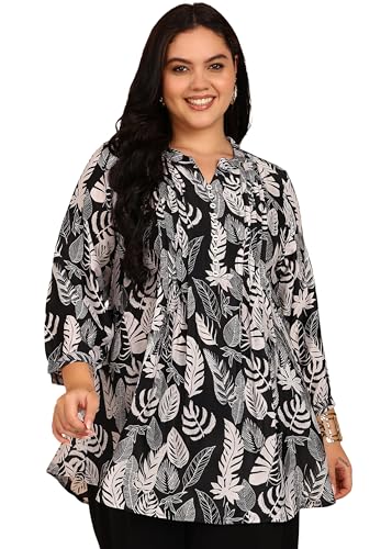 Image of Yash Gallery Women's Wrinkle Free Printed Short Kurti Mandarin Collar with Pintuck Pleats 3 /4th Sleeve