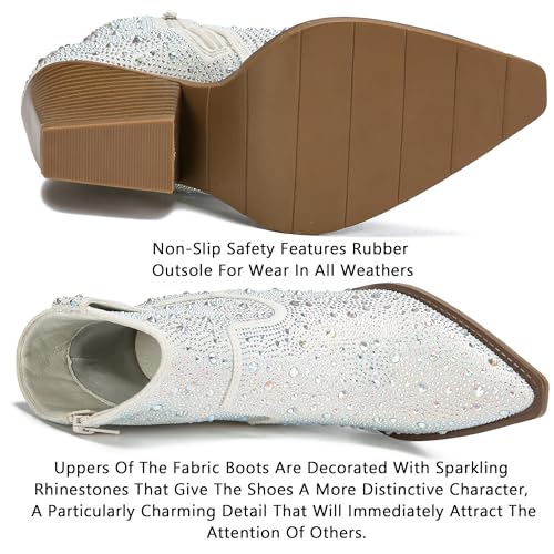 Women's Rhinestone Boots Sparkly Cowboy Booties Chunky Block Heel Pearl Detail Pointed Toe Bridal Wedding Western Studded Ankle Boots Cowgirl Short Boots2