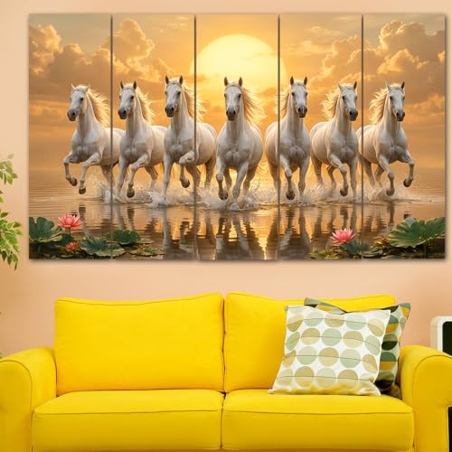 Image of Spacter White Horses Wall Painting for Living Room Big Size - 7 Running Horses Painting Vastu for Bedroom, Office, Hotel - Wall Decor Digital Painting Wooden Framed for Gifting (30x60inch)