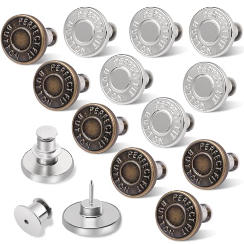 Image of Ceryvop12 Sets Button Pins for Loose Jeans, No Sew and No Tools Instant Replacement Snap Tack Pant Button, Reusable and Adjustable Metal Pants Button Tightener
