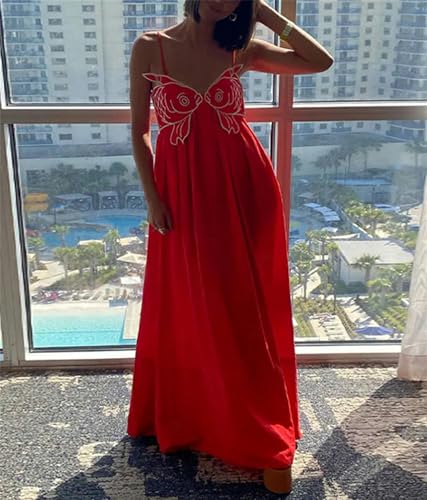 Image of Yuemengxuan Boho Maxi Dresses for Women Spaghetti Strap Flowy Smocked Long Dress Casual Summer Vacation Beach Maxi Dress