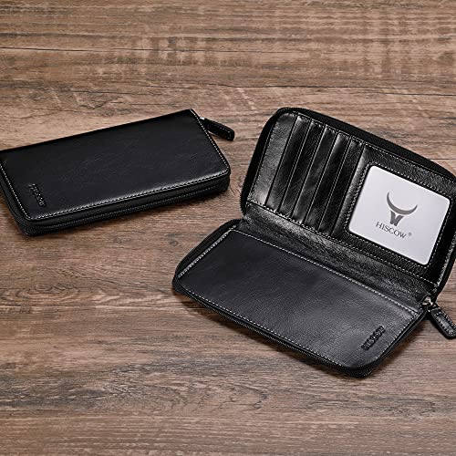 Image of HISCOW Leather Checkbook Cover, Zippered Wallet, Antiqued Black | Full grain cowhide, 5cc & ID window, personal check book & register pockets, removable duplicate divider, women secure zipper
