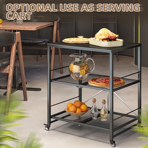 UNIONLINE Foldable Stainless Pizza Oven Table,3-Tier Outdoor Grill Cart Trolley on Wheels, Garden Dining Cart Movable BBQ Stand Black - Image 4