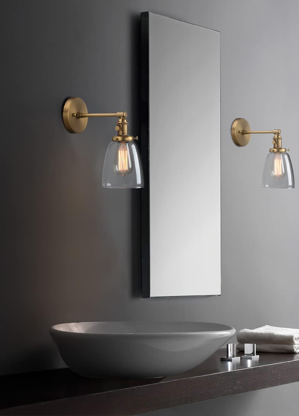 Phansthy Industrial Wall Lamp Antique Vanity Wall Sconce Light Fixture with 5.5 Inches Dome Clear Glass Shade for Bathroom, Metal Wall Mount Light for Bedroom Mirror Living Room