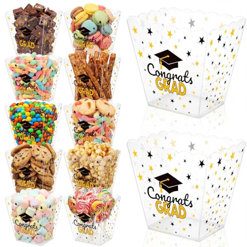 Acellegic 12 Pcs 2026 Graduation Candy Bar Party Supplies Graduation Gift Buckets Plastic Popcorn Box Buffet Bowls for Snack Buckets Black Gold Grad Supplies Congrats Grad Table Reusable Containers