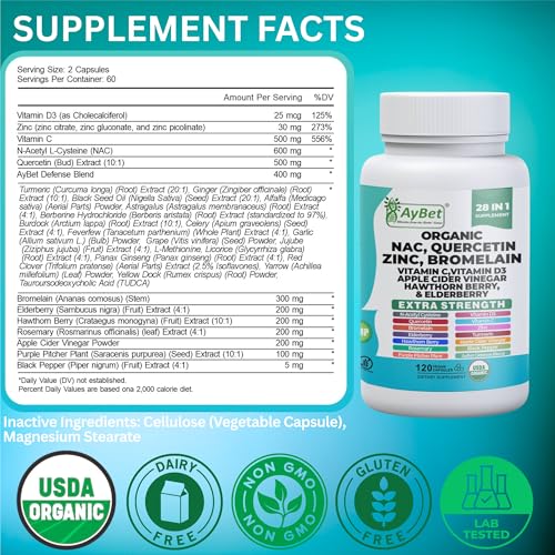 Image of NAC-n-acetyl cysteine- Quercetin Zinc Bromelain Supplement | Extra Strength with Vit C, D3, Apple Cider Vinegar, Elderberry, Hawthorn Berry, Turmeric | Immune Support|120 Vegan Capsules | USDA Organic
