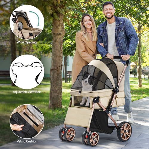YITAHOME Hundebuggy Hundewagen klappbar für Hunde & Katzen, Haustierbuggy bis 22 kg mit umkehrbarem Griff, Netzfenstern, Getränkehalter, 360° drehbare EVA-Räder mit Bremsen (Beige)