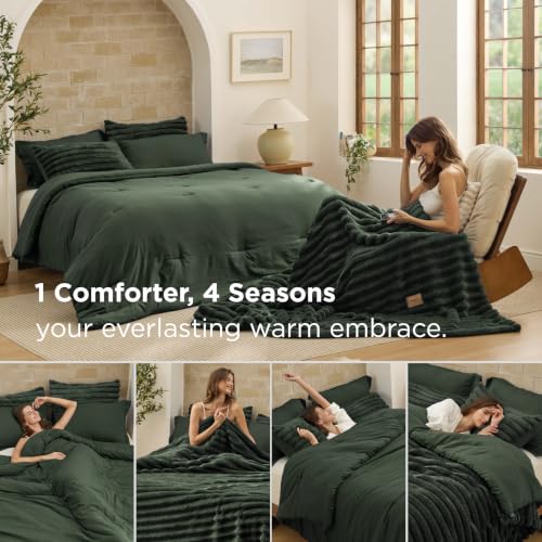 Image of Bedsure Gentlesoft 2-in-1 King Size Comforter Set and Detachable Fluffy Blanket, Olive Green Bedding Set for All Season Use, Detachable Design for Space Saving(Includes 2 Pillow Shams,2 Pillowcases)