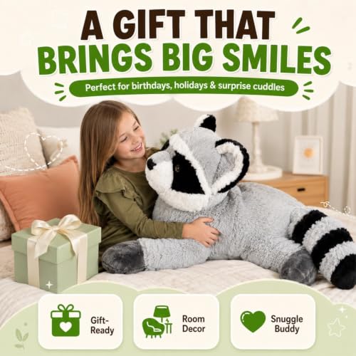 Image of BENINY Giant Raccoon Stuffed Animal 30 inch - Oversized Raccoon Plush Pillow - Fluffy Big Stuffed Racoon Toy Birthday Gifts for Kids - Sweet Companion
