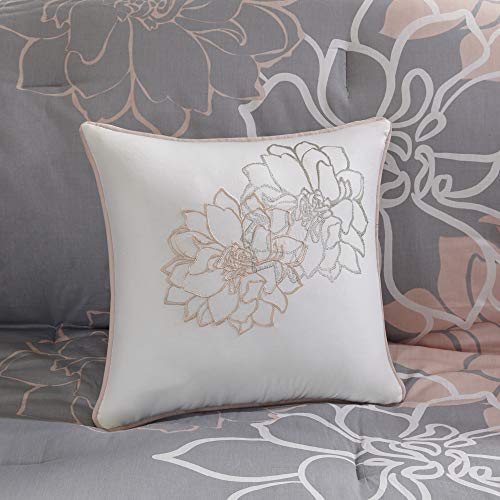 Madison Park Lola Sateen Cotton Comforter Set-Casual Medallion Floral Design All Season Down Alternative Bedding, Shams, Bedskirt, Decorative Pillows, Queen, Grey/Blush 7 Piece #TOP7