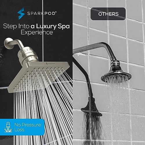 Image of SparkPod Filtered Shower Head, 23-Stage, 8 inch Square, Brushed Nickel | Showerhead for Hard Water, High Pressure, Reduces Chlorine, Heavy Metals, For Dry Skin & Hair, Removable Capsule Filter