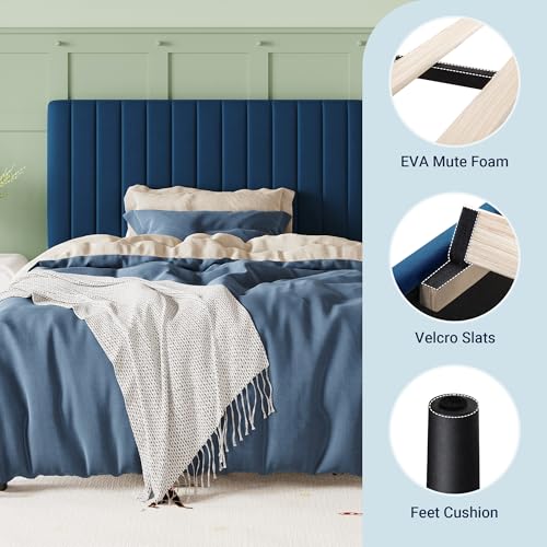 Image of Allewie Twin Bed Frame, Velvet Upholstered Platform Bed with Adjustable Vertical Channel Tufted Headboard, Mattress Foundation with Strong Wooden Slats, Box Spring Optional, Easy Assembly, Navy Blue
