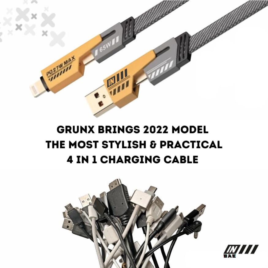 Image of GrunX INBAE 2022 Model 9th Gen 4 In 1 Cable | Silver Metal Ports | Support Fast Charging & Data Transfer | Nylon Braided | Supporting Type C, Lightning, Type A For All iPhones & Laptop