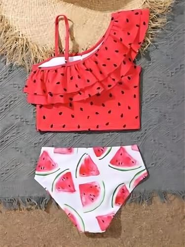 Image of Girl's 2 Piece Set Watermelon Print Ruffle Hem Bikini Sets Bathing Suit Red 140
