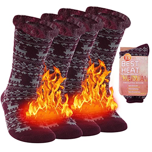 Sunew Thick Snowboarding Socks Men, Women Heat Trapping Winter Calf High Socks For Arctic Extreme Weather Warm Fur Lined Soft Skiing Vintage Socks For Indoor Outdoor, 2 Pairs Crimson Medium #TOP14