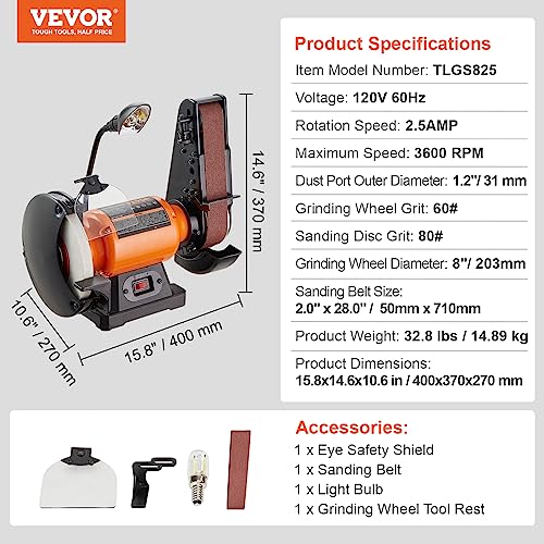 Image of VEVOR 8 Inch Bench Grinder, Bench Grinder Sander with 2 x28 Inch Belt Sander Combo and 2.5A Induction Motor for Metalworking Sharpening Grinding