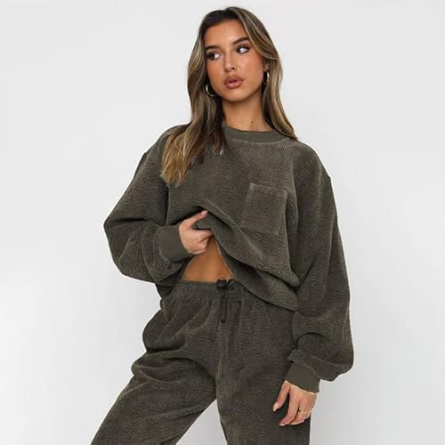 Jastie Women's 2 Piece Sets Lounge Tracksuits Long Sleeve Round Neck Pockets Outfit Pants Corduroy Jogger Sweatsuit(Armygreen Gray,Xxl) #TOP2