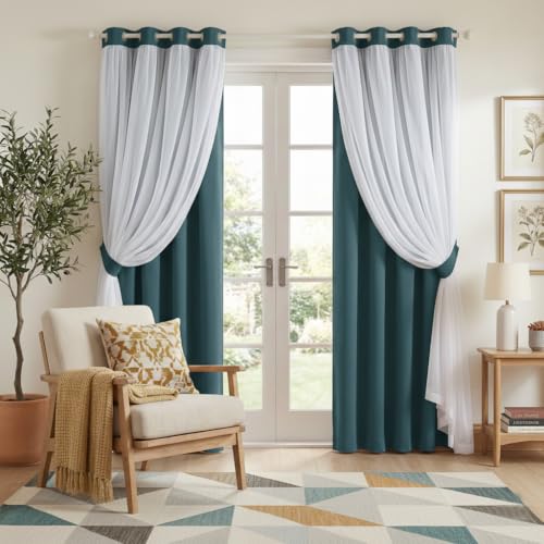 Image of PONY DANCE Nursery Curtains Pink, 52 x 84 inches, Slateblue, 2 Panels | Curtains for Bedroom Decor Aesthetic Cute Double Layer with Sheer Overlay Windows Covering