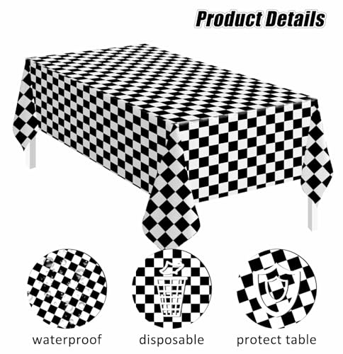 Image of SietDESEO 3 Pack Checkered Tablecloth Plastic Rectangle 54 x 108 Black and White Checkered Flag Table Cloth Disposable Plaid Table Cover for Race Car Birthday Baby Shower Picnic Party Supplies