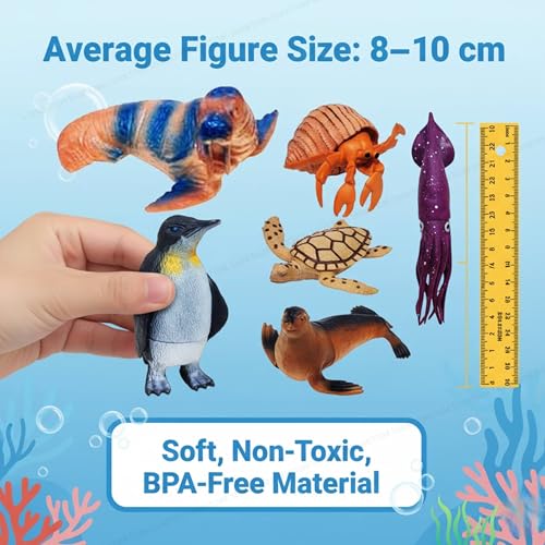 Image of SHAKTISM Ocean World Animal Toy Set for Kids - 6 PCS Realistic Sea Creature Figures, Penguin, Turtle, Seal, Crab, Squid, Shrimp, Plants, Educational Ocean Playset for Boys & Girls