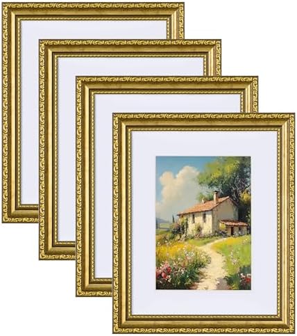 eletecpro 8×10 Picture Frames Set of 4, Gold Frames 8 x 10 with Glass Cover, Vintage Photo Frame Displays 5×7 Photo with Mat or 8×10 without Mat for Tabletop or Wall Decor, Gold
