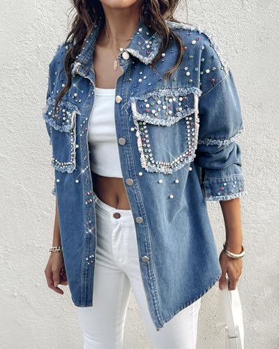 CHICME Womens Casual Denim Jacket for Women 2025 Contrast Sequin Long Sleeve Rhinestone Denim Jackets2