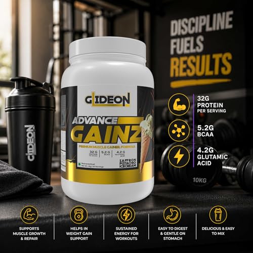 Image of Advance Gainz Weight Gainer | 32g Protein, 5.2g BCAA, 4.2g Glutamic Acid | High Calorie Mass Gainer Powder for Muscle Growth & Weight Gain | Easy Mix Formula (1 kg, Saffron Pistachio)