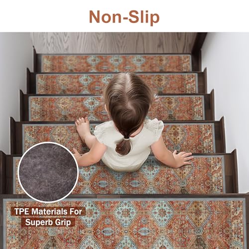 sarben Non Slip Stair Treads for Wooden Steps 15PCS - 8"x30" Indoor Safety Carpet, Edging Mats with TPE Adhesive Backing, Pet and Elderly Friendly Stair Rugs (Rust) by sarben - Image 4