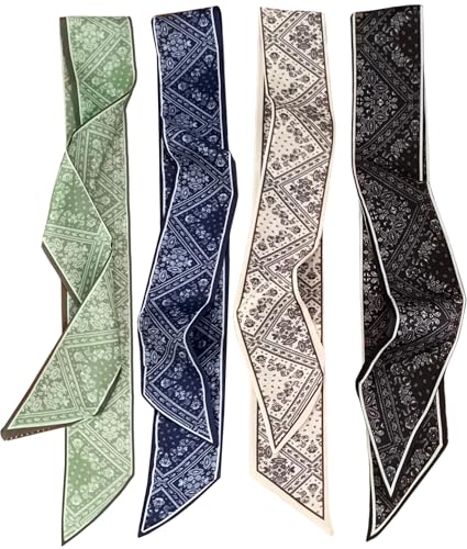 GUZOSJO 4Pcs Fashion Silky Scarves for Women,Floral Scarves Headbands Satin Scarf for Bag Hair Accessories Gift (White Black khaki Green)