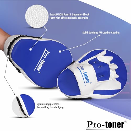 Image of Pro-Toner Boxing Focus Pads, Curved Maya Hide Leather, Hook and Jab Target Hand Pads, Black and White (Blue)