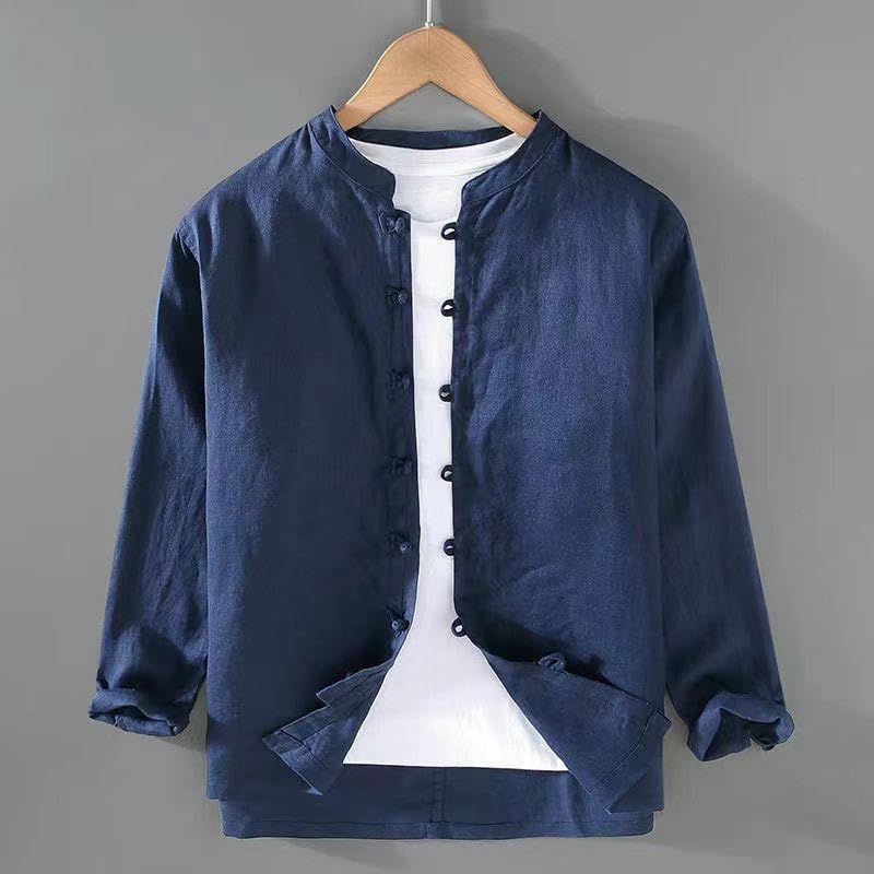 Chemise col mandarin pour homme style chinois en polyester coupe ample décontractée - 3