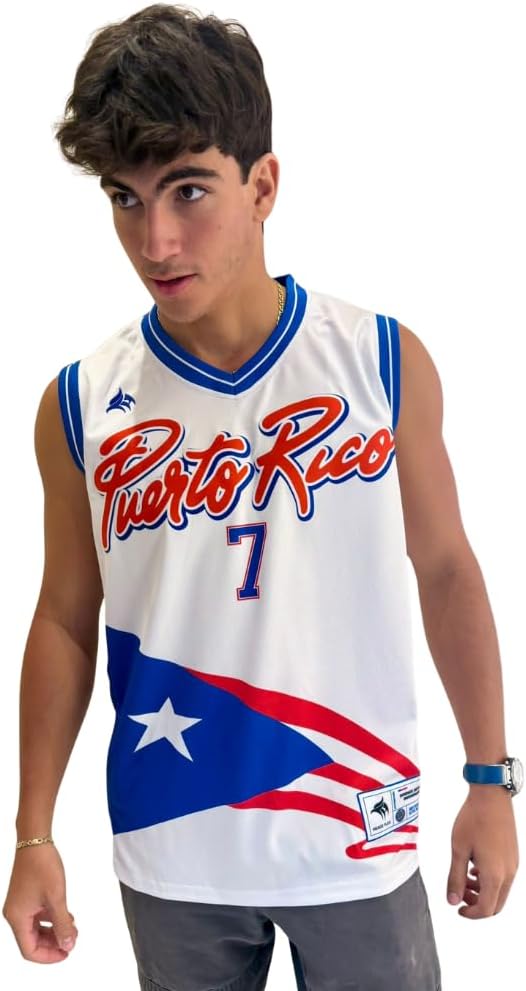 Puerto Rico Sleeveless Basketball Jersey #7 Arroyo – Flag Design, Athletic Fit, Breathable Mesh, Men’s Sports Top (US, Alpha, XX-Large, White Blue)