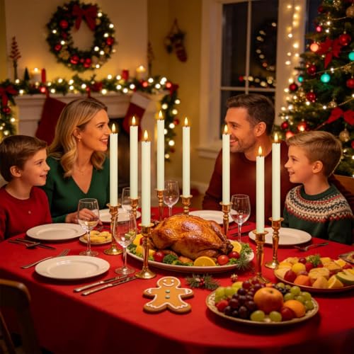 Image of Wondise Ivory Flameless Taper Candles with Timer, 6 Pack Battery Operated LED Flickering 3D Flame Real Wax Candle, Halloween Christmas Thanksgiving Fireplace Decorations
