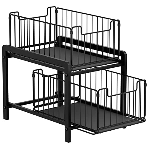 NPPLUS 2-Tier Under Sink Organzier: Iron Under Sink Cabinet Organizers With Sliding Drawer – Pull Out Home Storage For Bathroom Kitchen Desktop (Black)