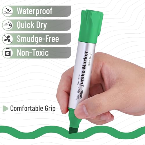 Image of Mr. Pen- Jumbo Permanent Markers, 4 Pack, Green, Chisel Tip, Wide Tip | Large, Thick Permanent Markers for Canvas, Posters Board, Fabric, Window, Glass, Wood, Waterproof, Quick Dry