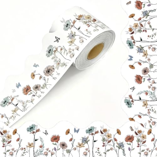 Runtoo 65 Feet Bulletin Board Borders Flowers Die-Cut Rolled Boho Floral Border Decorations Scalloped Trim for Teacher Classroom Back to School Supplies Wall Desk Window Door Decor