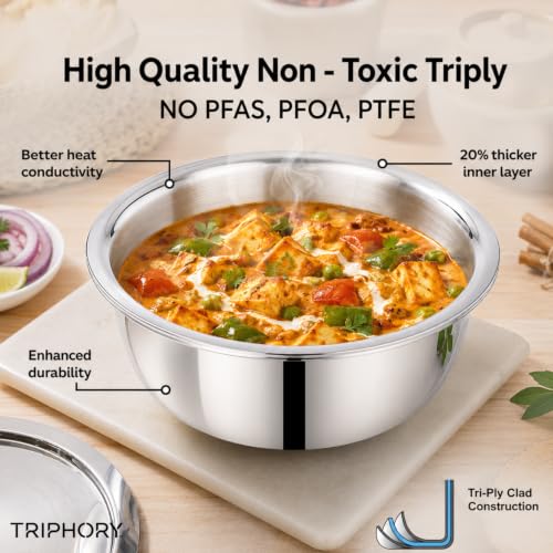 Image of Triply Stainless Steel Tope 18cm 2L | 2.5mm Triply Saucepan & Milk Boiler Pot | Even Heat Distribution | Gas & Induction Compatible