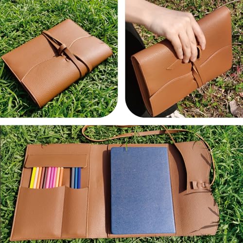 Image of Leather Sketch Book Cover, Leather Sketchbook Holder for 5.5 inchx 8.5 inch, Travel Sketch Board Pad Pencil Holder, Drawing SketchBook Cover Pencil Case, Painter Artist Sketch Pad Holder (Small)