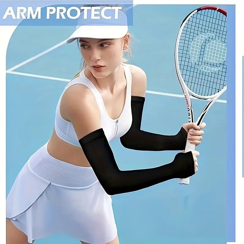 Image of 4 Pairs Arm Sleeves For Men & Women Black UV Rays Tan Protection Breathable Cooling Hand With Thumb Design For Men Bike Riding, Sports, Cricket, Cycling, sunny days